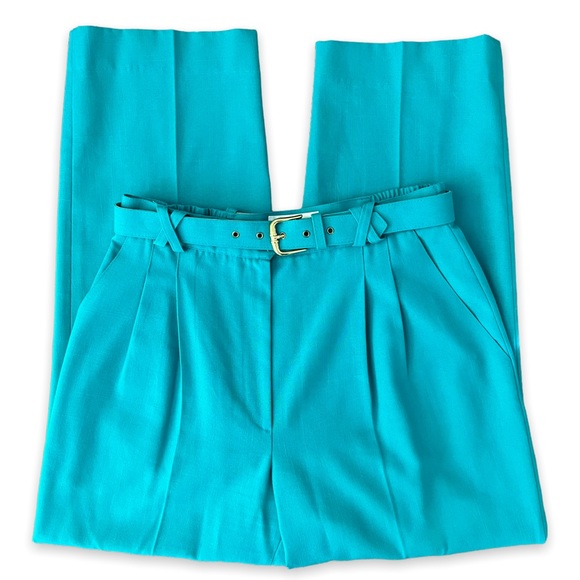 Vintage Pants - Teal Vintage Belted High Waist Pleated Trousers Pants